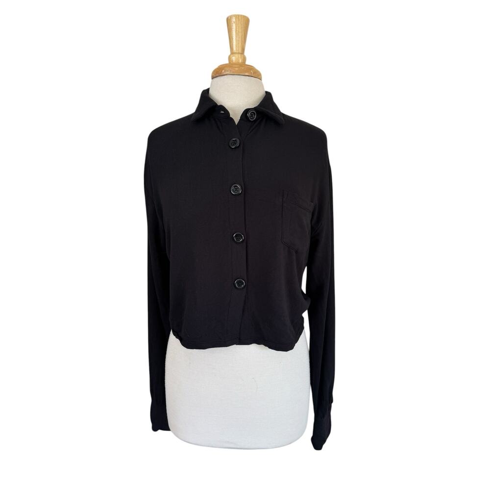 LNA Cropped Button Down Sweatshirt Black Size Small Womens Polo Cardigan Modal